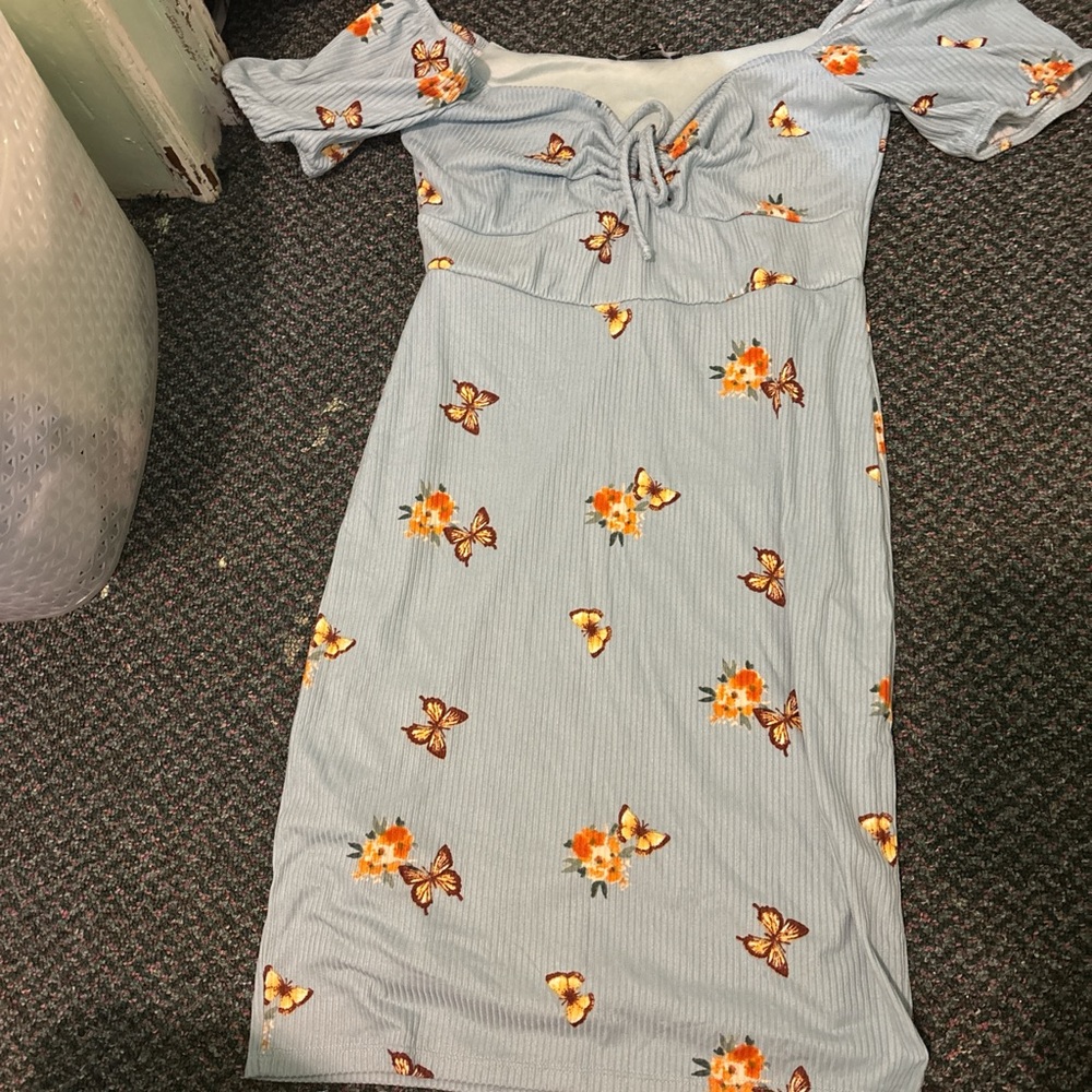 Papaya Blue Midi Dress with Orange Floral and Butterfly Print